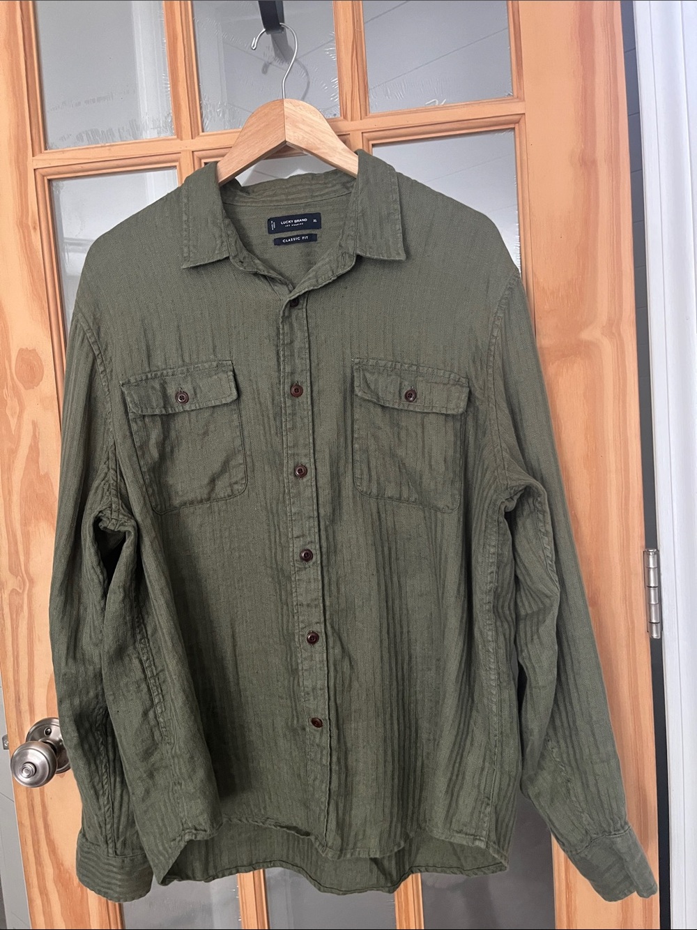 Lucky Brand olive green linen long sleeve button down shirt size XL